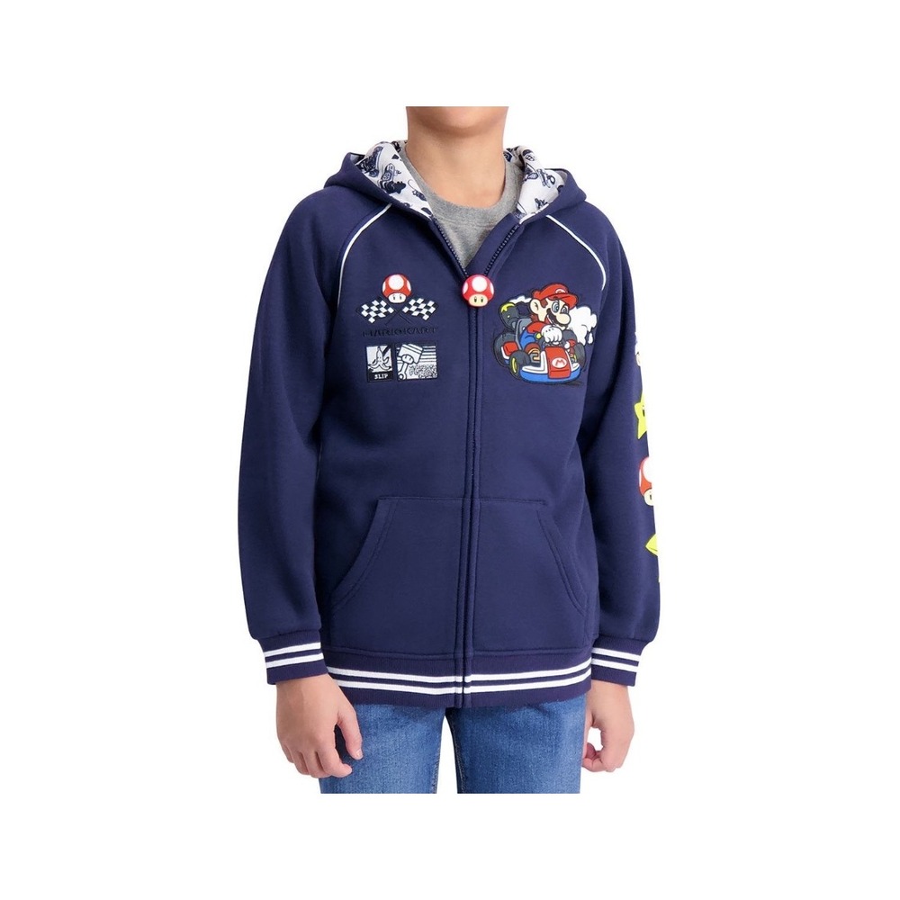 Nintendo Mario Kart Boys Navy Blue Full Zip Hoodie Mario Luigi Graphic Size M